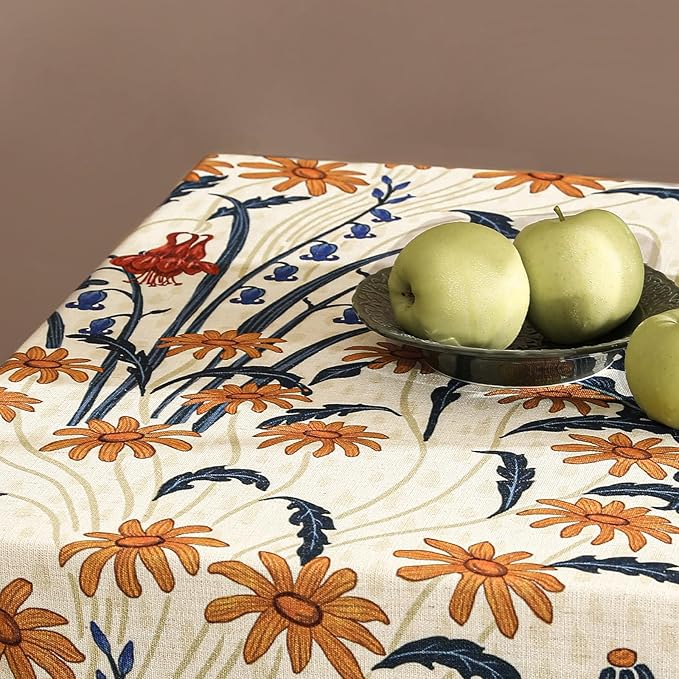 French Vintage Rectangular Tablecloth,Linen Tablecloth with Gold and Red Floral Pattern,Decorative Table Cover for Kitchen,Dining,Thanksgiving,Party,Living Room,63" × 87"-Tijuana