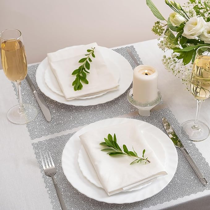 100PCS 10 * 14'' Matte Silver Scalloped Paper Place Mats Disposable Rectangle Placemats Doilies Place Mats Bulk Table Chargers Birthday Wedding Holiday Banquet Party Table Decor