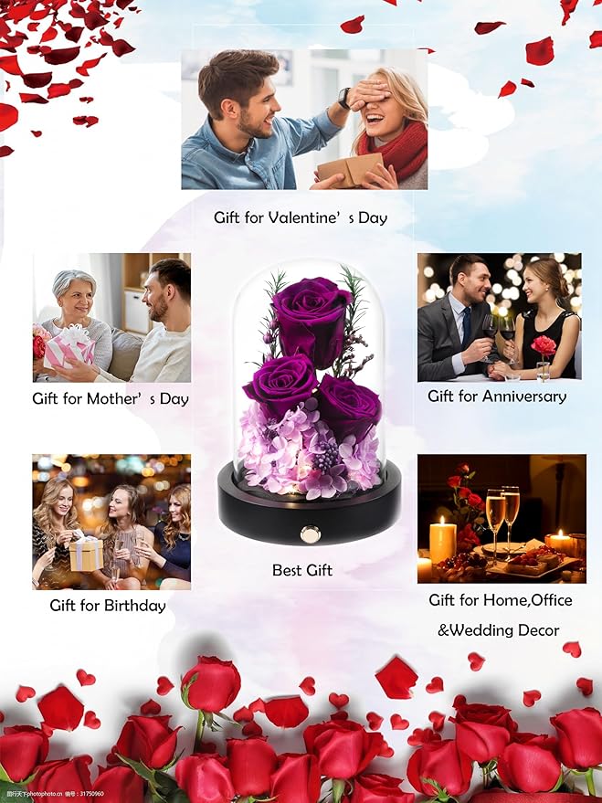 Gifts for Women,Preserved Roses in Glass Dome, Forever Flowers for Delivery Birthday Gifts for Wife Girlfriend Mom on Valentines Day Anniversary Christmas Eternal Rose Purple