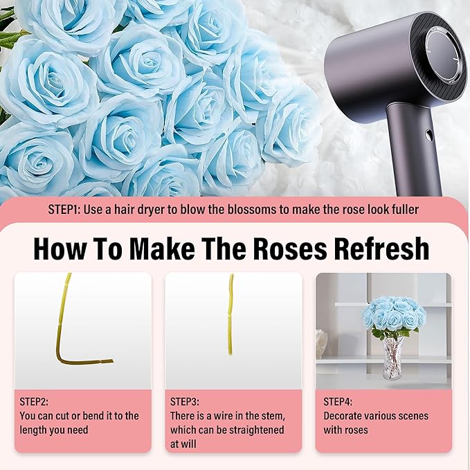 20PCS Artificial Roses with Long Stems - Realistic Silk Flowers, Fake Roses Real Touch Bouquet of Roses for Home Decor, Bridal Wedding Party Table Centerpieces, Bulk Faux Rose Flowers ( Sky Blue )