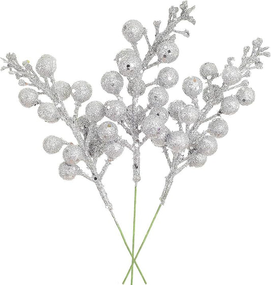 Lvydec 16pcs Christmas Glitter Berries Stems Clearance, 7.8" Artificial Christmas Picks for Christmas Tree Ornaments, DIY Xmas Wreath, Crafts, Holiday and Home Decor (Silver)