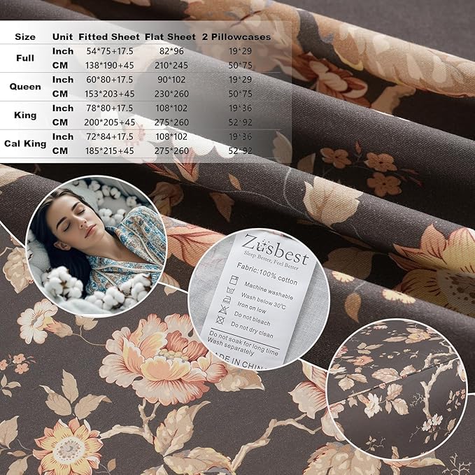 Zusbest Dark Brown Floral Bed Sheets Set - California King Percale Cotton Shabby Rustic Peony Flower Print Bed Sheets - Soft Breathable Mocha Classic Vintage Bedding 4 Pcs Deep Pockets Flower Sheets