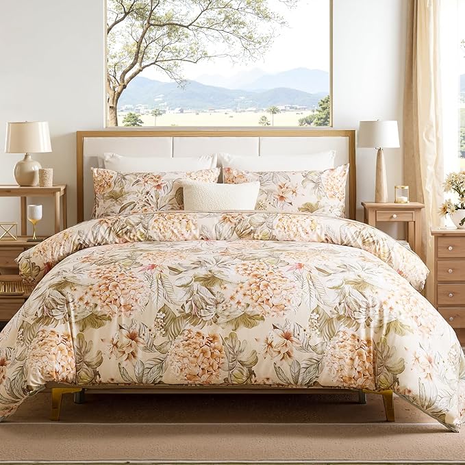 100% Cotton Duvet Cover King Size – Hydrangea Lily Floral Duvet Cover Set with Zipper Closure & Corner Ties, 3-Piece Silky Soft & Breathable Apricot Bedding Set for All Seasons