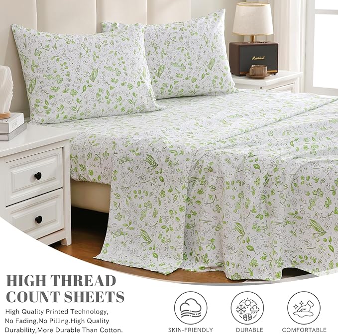 Bedlifes Twin Sheet Set Ultra Soft, Breathable, Silky Flower Deep Pocket 100% Microfiber Bedding, 3 Piece Twin Size Green Floral