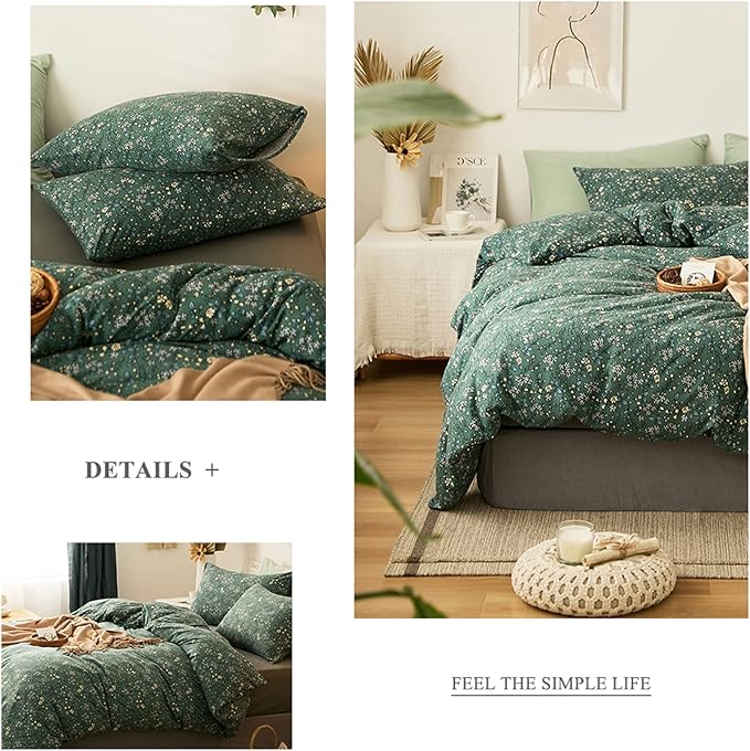 HighBuy Jersey Knit Duvet Cover Twin Green Floral Bedding Set 100% T-Shirt Cotton Comfy Bedding Sets Super Soft Garden Chic Knit Comforter Cover Twin Size