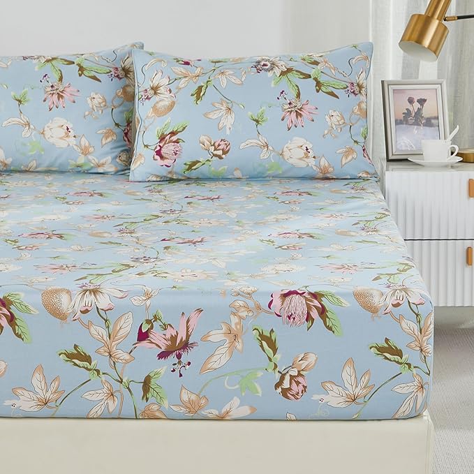 Brandream Floral Bedding Botanical Flower Farmhouse Queen Size Sheets Set Luxury Bedding Collections 800 Thread Count 100% Egyptian Cotton Deep Pocket, 4 Piece Blue