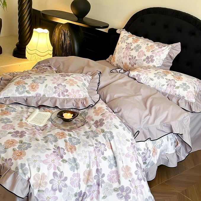 HighBuy Chic Floral Ruffle Duvet Cover Full Size,Boho Vintage Brushed Cotton Floral Bedding with Ruffle,Durable Bedding,Farmhouse Comforter Cover Sets 1 Duvet Cover and 2 Pillowcases