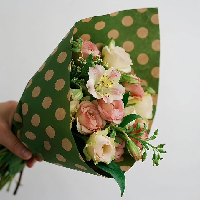LeZakaa 20 Sheets Kraft Dots Flower Wrapping Paper, Reversible Green with White Polka Dots Floral Bouquet Paper for Christmas, Valentines, Mothers Day, Party, Birthday, Wedding, Baby Shower