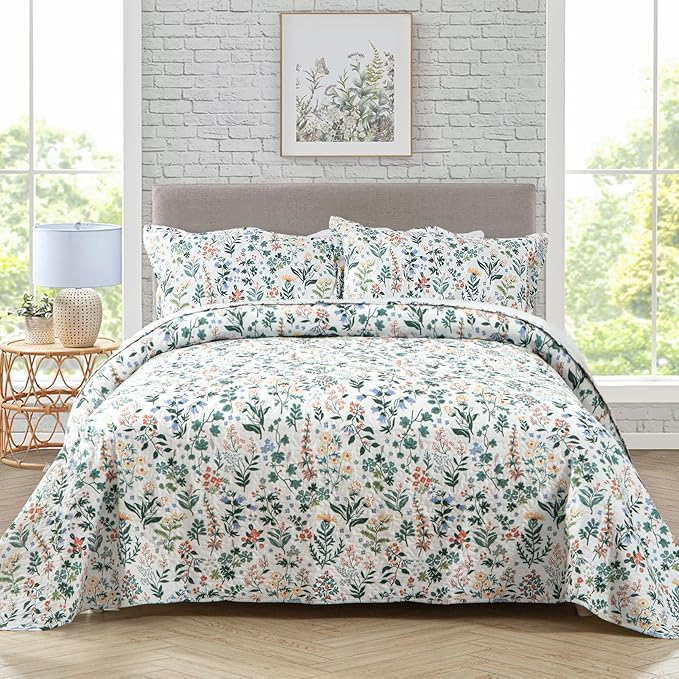 Travan 3-Piece Quilt Set Quilted Bedspread Lightweight Coverlet Set Garden Style Floral Printed Oversized Quilted Bedding Set with Shams for All Season, Exquisite, King Size