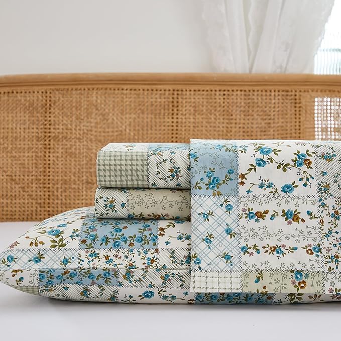 Shabby Chic Floral Patchwork Sheets Set King Size, Crisp Cooling Sheets with a Smooth Cotton Percale Lightweight Feel, 4 Pieces Luxury Soft Deep Pocket Fitted Sheet 17.5''