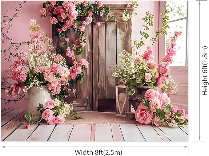 AOTOFO 8x6ft Rustic Wood Floral Backdrop for Baby Shower Newborn Studio Picture Photography Wooden Door Pink Flower Wall Background Wedding Bridal Shower Birthday Party Photoshoot Booth Banner