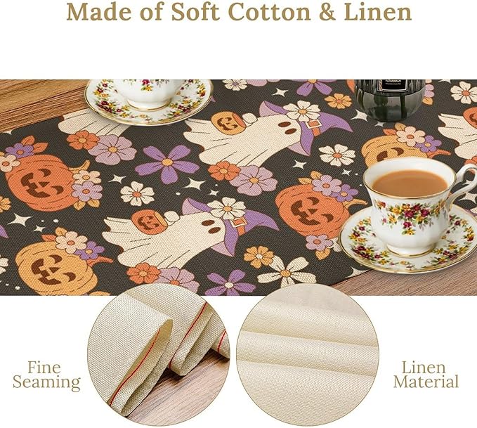 Halloween Table Runner ,Cute Ghost Pumpkin Pattern Table Runner for Home Kitchen Table Dining Garden Farmhouse Wedding Party Decor 13x120 Inch