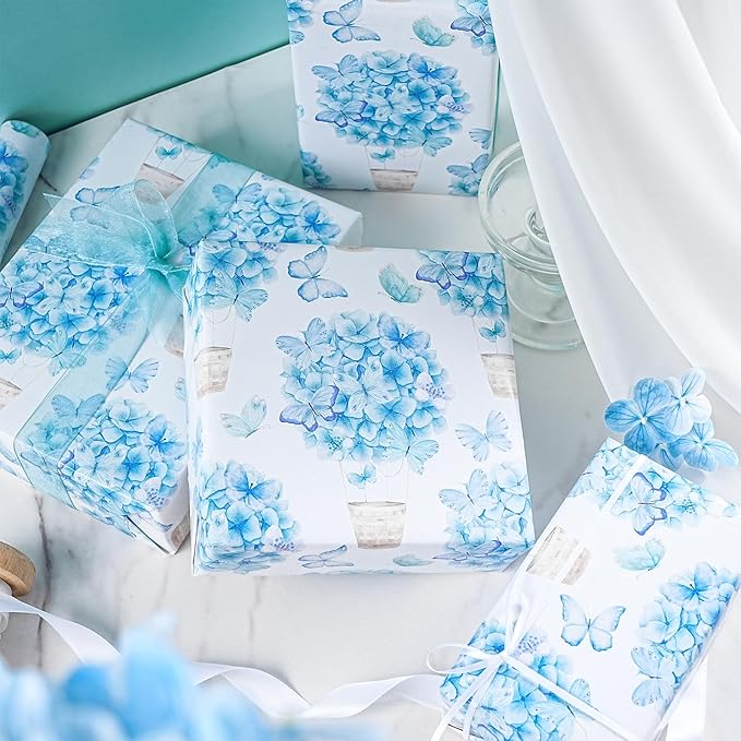 LeZakaa Blue Hydrangea Wrapping Paper Roll for Girls Kids, Hydrangea Flowers & Watercolor Butterfly Party Gift Wrap for Wedding, Baby Shower, Mother's Day, Birthday, Mini Roll, 17 inches x 16.4 Feet