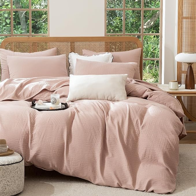 King Duvet Cover Dusty Rose, Luxury Soft Double-Layer Crinkle Gauze Rose Pink Duvet Cover, 3 Pieces Bedding for All-Season, Breathable with Zipper Closure & Corner Ties