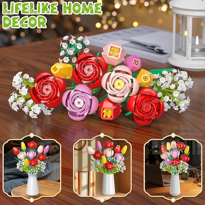 Flower Bouquet Building Set, 680PCS Tulip & Rose Block Kit for Adults & Kids Ages 6+, DIY Floras for Home Office Decor, Birthday, Valentine's Day & Mother's Day