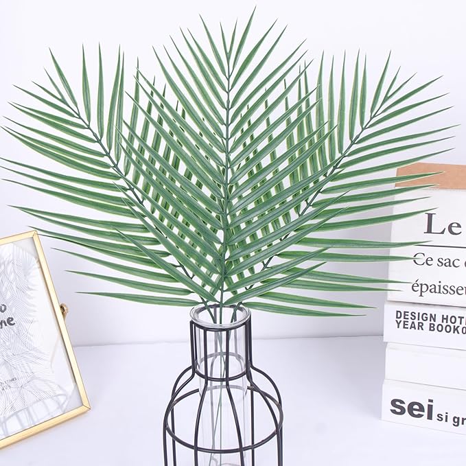 Abzo 20 Pcs Artificial Palm Leaves Stems Greenery Tropical Palm Leaves Faux Monstera Leaves Plant for Palm Sunday Flower Arrangement Home Kitchen Party Table Decor, Wedding Birthday Theme Parties.