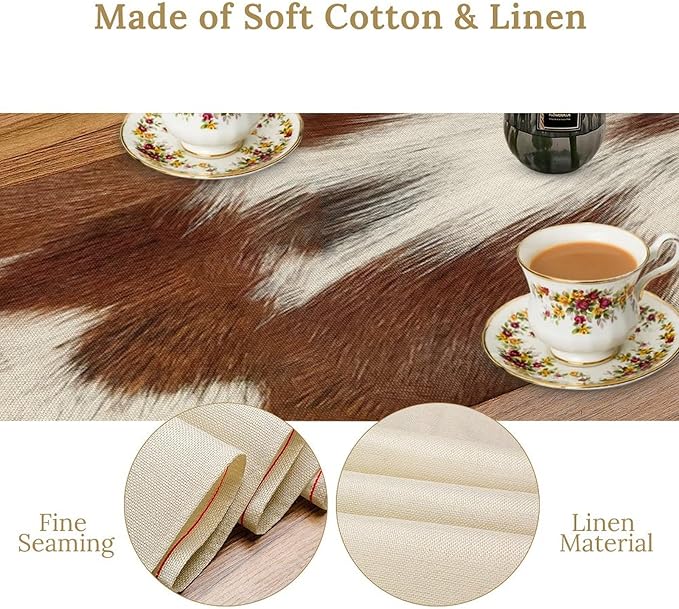 Cow Skin Print Table Runner, Rustic Country Farmhouse Animal Fur Skin Western Farm Dark Brown Cowhide Print Dinner Runner Table Decoration for Home Kitchen Dining 13x120in