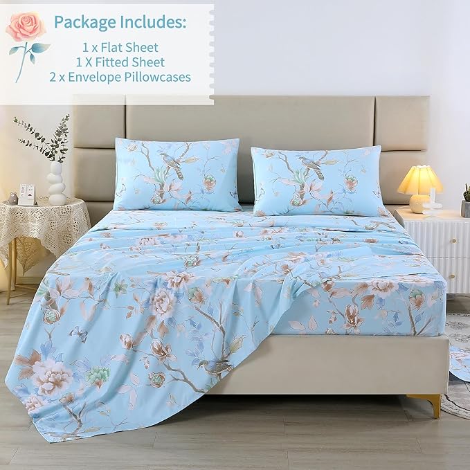 RYNGHIPY Egyptian Cotton Bed Sheet Set Blue Bird Botanical Pattern Bed Sheets Deep Pocket Fitted Sheet Tree Branches Print Bedding Soft Breathable (Light Blue,Full Size)