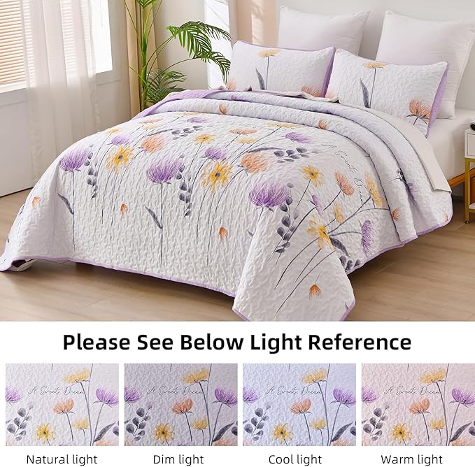 Dinjoy Floral Quilt Set Queen Size,Purple Bedspread Coverlet Botanical 3 Pieces Cute Fall Quilts Microfiber Lightweight Farmhouse Bedspreads Comforter Soft Bed Cover Sets for All Season(96"x90")