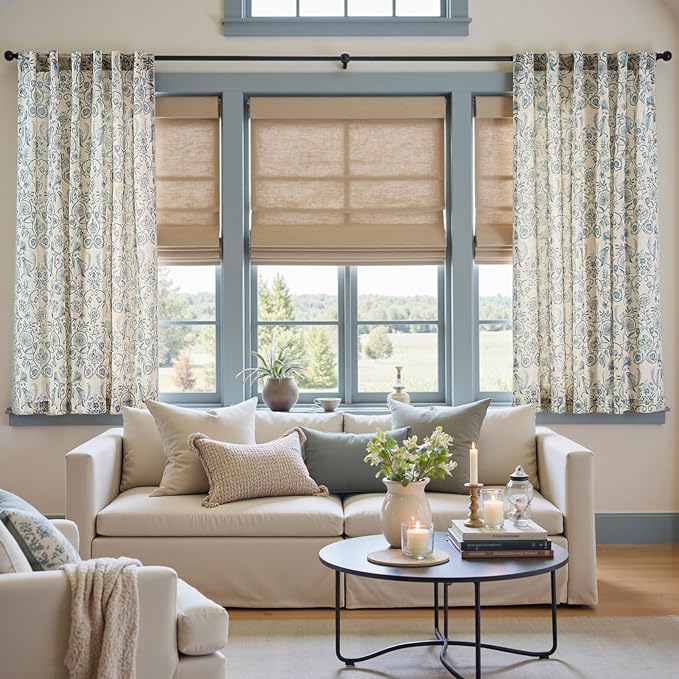 jinchan Linen Floral Curtains for Living Room with Printed Flower 63 Inches Long Light Filtering Farmhouse Window Treatment Vintage Short Drapes Back Tab Rod Pocket 2 Panels Blue on Beige