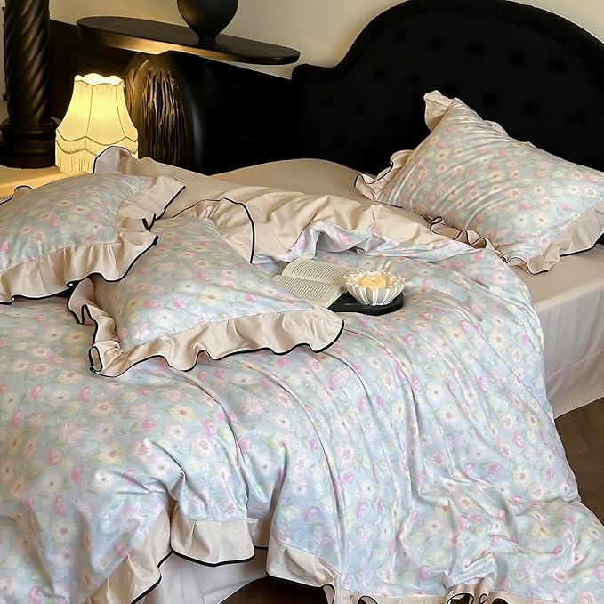 HighBuy Pink White Floral Duvet Cover Twin XL Ruffle Lace Design,Premium Brushed Cotton Durable with Beige Lace Edge Coquette Rose Floral Comforter Cover Set for College,Farmhouse Bedding Set