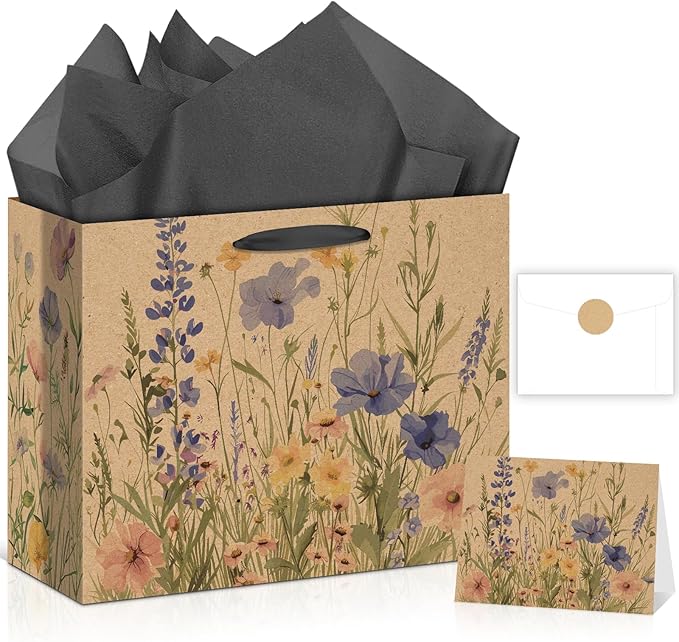 Wildflower Gift Bag Christmas Gifts Wild Floral Birthday Bag with Wrapping Paper Card Sticker Envelope for Watercolor Flower Christian Presents Wedding Baby Shower Bridal Shower Engagement Gifts Wrap