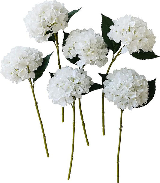 White Hydrangea Artificial Flowers,6 Pcs Faux Artificial Hydrangeas Flowers with Stems,Fake Silk Hydrangeas Flowers with Stems for Home Decor (6, White)