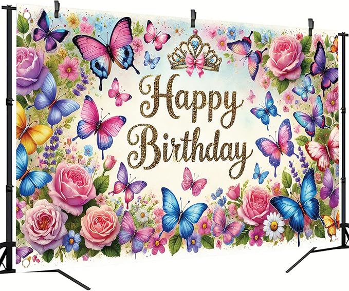 Happy Birthday Backdrop Butterfly Floral Banner Crown Decorations Photography Background for Women Girls Princess Supplies Cake Table Photo Shoot Props 71 x 43 Inch