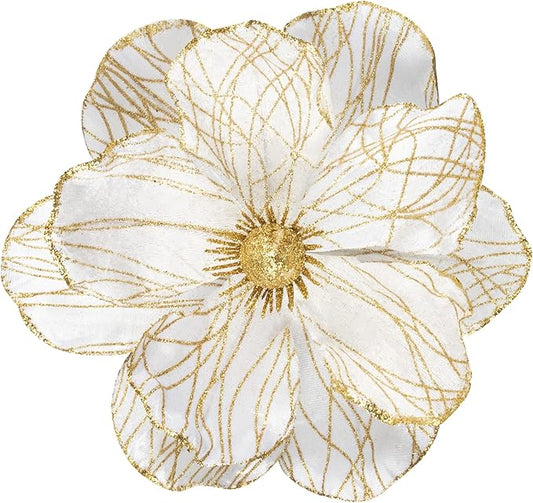 KI Store Christmas Poinsettia Artificial Velvet Magnolia Flower White and Gold Floral Picks Stems for Christmas Tree Decoration Pack of 6 for Xmas Tree Wedding Centerpiece