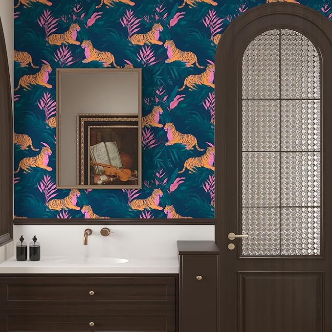 Tiger Wallpaper Peel and Stick Tropical Contact Paper Jungle Animal Boho Vintage Renter Friendly Wall Paper for Drawer Wall Countertop Cabinet Removable 17.5 x 118In