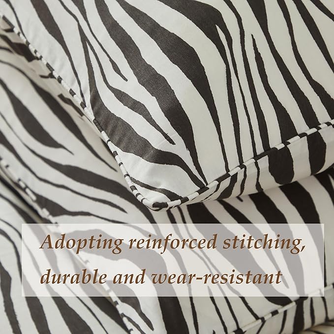 FADFAY Zebra Duvet Cover Queen, 100% Cotton Chocolate and White Animal Print Bedding Set, 3 Pieces with Zipper Closure & Corner Ties