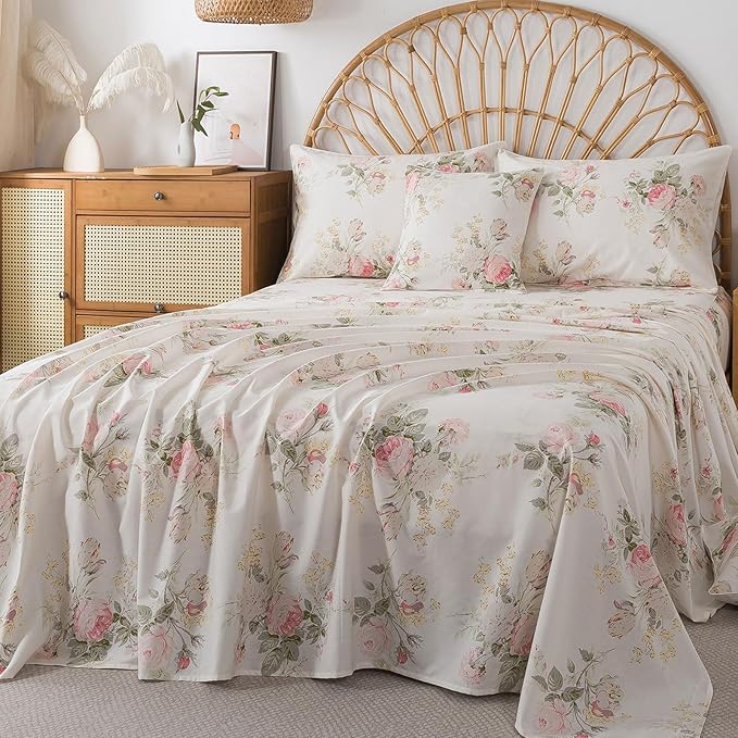 FADFAY 100% Cotton Queen Bed Sheet Set, 4 Piece Pink Rose Floral Printed Bedding, Soft Breathable Cooling Sheets with Deep Pocket Fitted Sheet, Flat Sheet & Pillowcases, Romantic Country Bedroom Décor