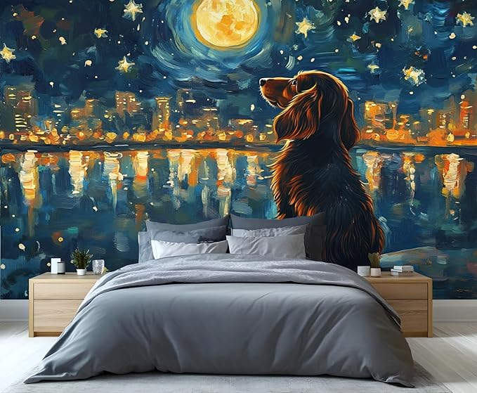 KIREUPA Dog and Moon Night Sky Wall Mural, Starry Night Cityscape 3d Wall Murals, Nighttime Dog Reflection Wallpaper Mural, for Living Room Bedroom Large Wallpaper Indoor Decor 118" W x 82.6 "H
