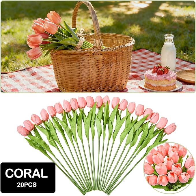 Artificial Flowers Mother's Day Easter Valentine's Day Gifts, Artificial Flowers Fake Tulips Flowers Home Kitchen Wedding Table Decorations a Bunch of 20 Coral Tulips