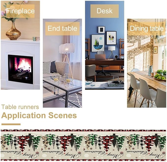 Christmas Tree Table Runner,Farmhouse Xmas Trees Buffalo Plaid Winter Snowflake Tablecloth Burlap for Hotel Indoors Outdoor Dining Room Kitchen Home Decor,W13X L108 in