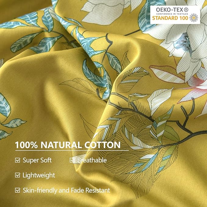 EAVD Vintage Garden Botanical Flower Cute Birds Pattern Duvet Cover King Cotton Yellow Chic Floral Tree Branches Printed Bedding Set with 2 Pillowcases Gorgeous Flower Duvet Cover with Zipper Closure