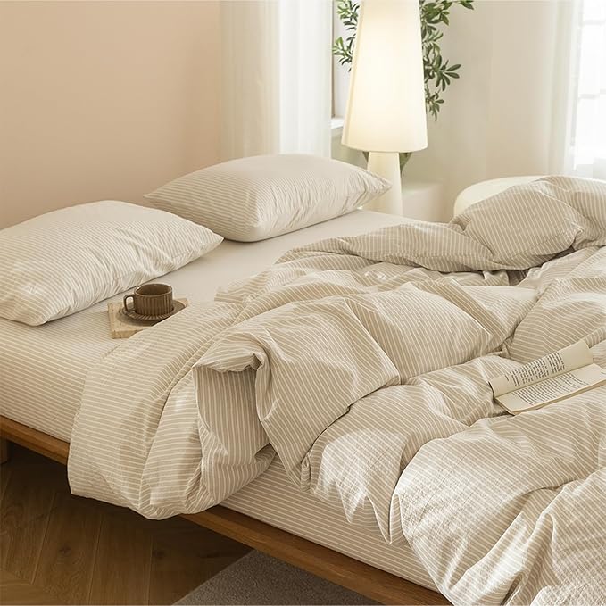 JIYUAN 100% Washed Cotton Striped Duvet Cover Set 3 Pieces King, 1 Duvet Cover and 2 Pillowcases(Comforter Not Included),Linen Like Bedding Set Comfy and Breathable,Pinstripes-Heathered Beige White