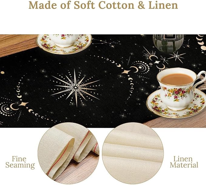 Gothic Moth Table Runner, Boho Gothic Sun Moon Phase Mystical Mushroom Floral Witchy Farmhouse Coffee Table Center Decor for Home Kitchen Dining Patio Holiday Party Table Decorations 13x36 inches