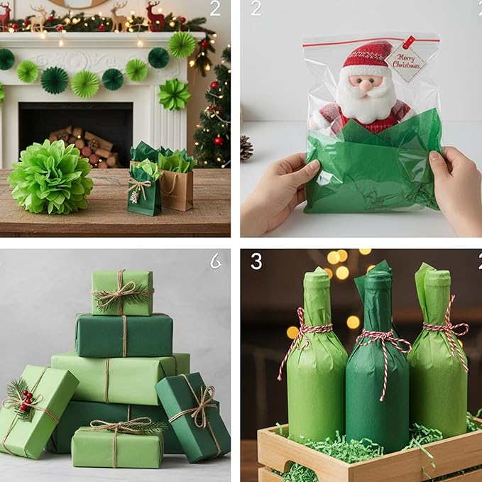 Qilery 500 Sheets Christmas Green Tissue Paper Bulk for Gift Bags 15 x 20 Inch Acid Free Decoupage Packaging Wrapping Paper Sheets for Christmas Decoration DIY Crafts, Bouquet, Wedding, Shipping