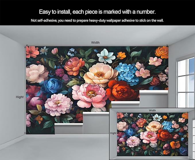 Vintage Peony Floral Wall Mural, Oil Painting Dutch Flower 3D Wall Murals, Romantic Dark Botanical Wallpaper Mural, for Living Room Bedroom Large Wallpaper Indoor Decor 137.8" W x100 H