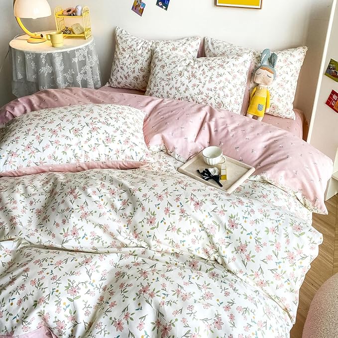 HighBuy Soft Cotton Floral Duvet Cover Twin White with Pink Floral Print,Garden Style Coquette Bedding Comforter Cover Bedding Set,Cottagecore Duvet Cover Set -1 Twin Duvet Cover,2 Pillowcases