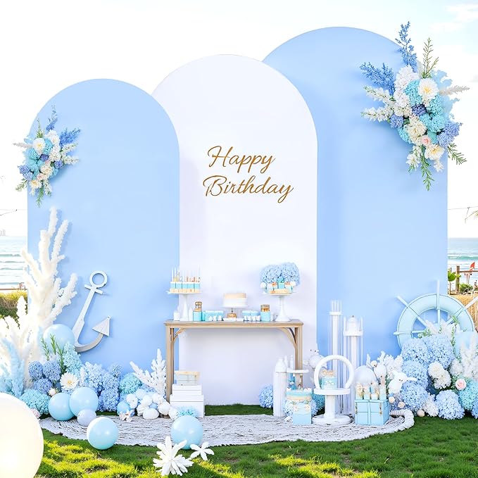 White and Blue Arch Backdrop Cover 8FT 7.2FT 6.6FT Arch Covers Stretchy Backdrop Set of 3, Wedding Arch Cover Spandex Fitted Double-Color Fabric Arch Covers for Party Baby Shower Birthday Decoration