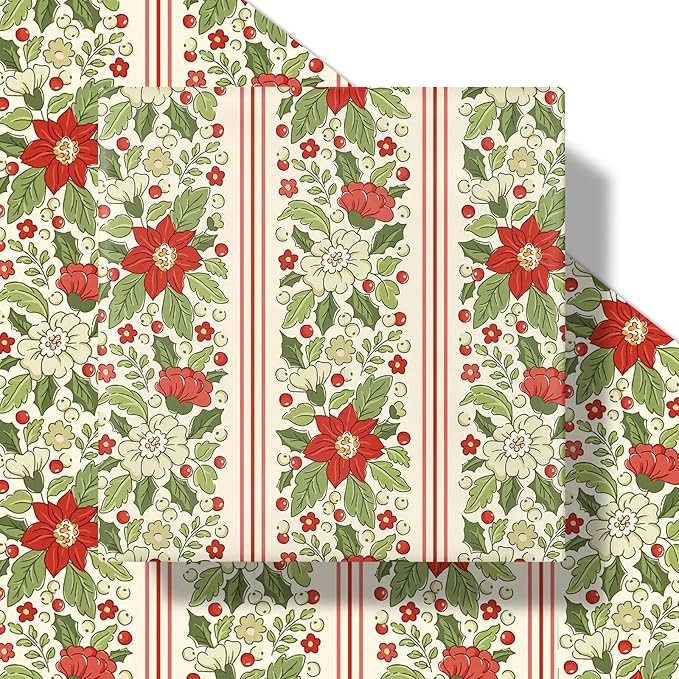 LeZakaa Vintage Poinsettia Christmas Wrapping Paper Roll, Red Poinsettia, Festive Design, for Christmas, Winter Holidays, for Home Decor, Gifts, Women, Mini Roll 17 in x 16.4 Ft