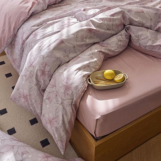 AOJIM Exquisite Duvet Cover Set with Floral Print for Kids Adults, Soft Pure Cotton Comforter Cover Set 3pcs, 1 Pink Gardenia Quilt Cover Twin Size and 2 Matching Pillowcases for Room Decor, No Quilt