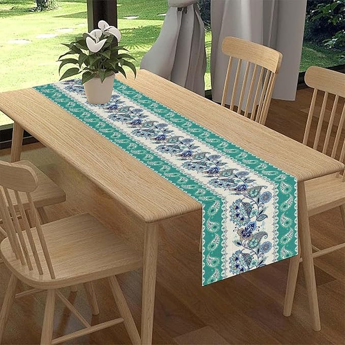 Paisley Table Runner, Rustic Blue Green Bohemian Damask Exotic Flower Cafe Table Center Decor for Home Kitchen Dining Patio Holiday Party Indoor Outdoor Table Decorations 13x72 inch