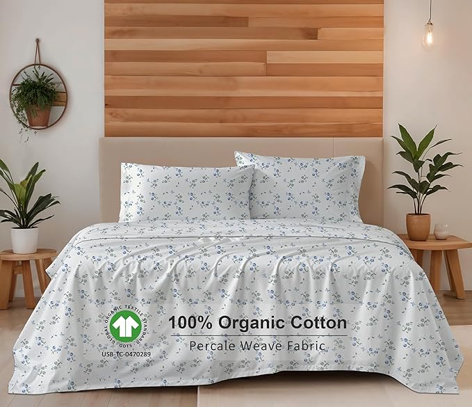 RUVANTI 100% Organic Cotton Sheets Queen Size, Percale Weave, GOTS Certified, 4-Piece Set, Deep Pocket 15", Crisp & Breathable, Soft Durable Bedding, Sábanas Algodón Orgánico – Butter Flight