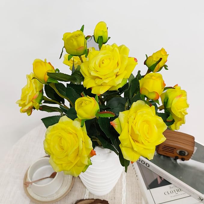 ATFL Fake Flowers, Yellow Rose,6 Pcs Faux Silk Real Touch Moisturizing Artificial Rose Flowers for Decoration,Flores Irosas Artificiales para Decoracion (6, Yellow)