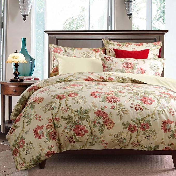LifeTB Vintage Garden Style Duvet Cover King Red Flower Green Leaves Pattern Floral Duvet Cover Aesthetic Comforter Cover Soft Cotton Floral Bedding Set Botanical Garden Flower Duvet Cover King Size