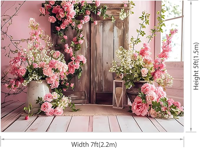 AOTOFO 7x5ft Rustic Wood Floral Backdrop for Baby Shower Newborn Studio Picture Photography Wooden Door Pink Flower Wall Background Wedding Bridal Shower Birthday Party Photoshoot Booth Banner