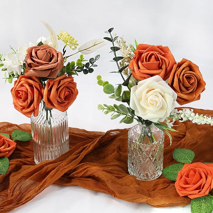Meldel Artificial Flower 25pcs Real Looking Orange Fake Foam Roses with Stems for DIY Wedding Bouquets Gifts Bridal Shower Crafts Faux Floral Centerpieces Arrangements Home Party Tables Decorations